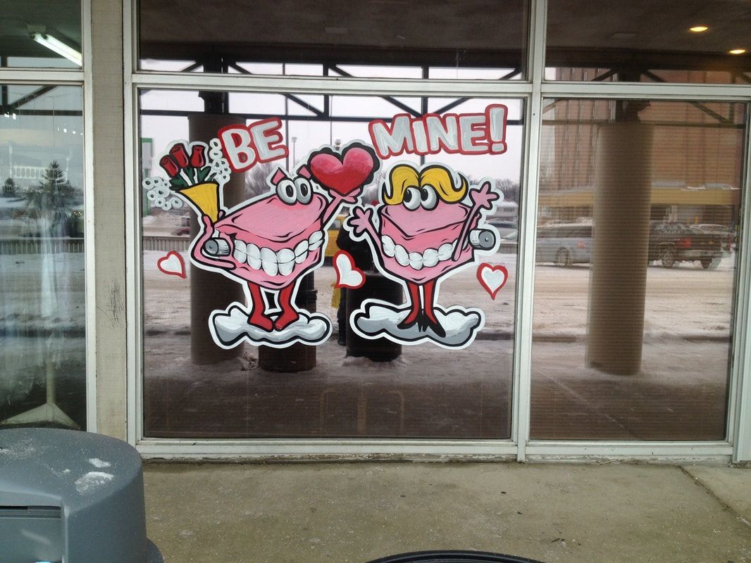 A window with two cartoon characters that say be mine