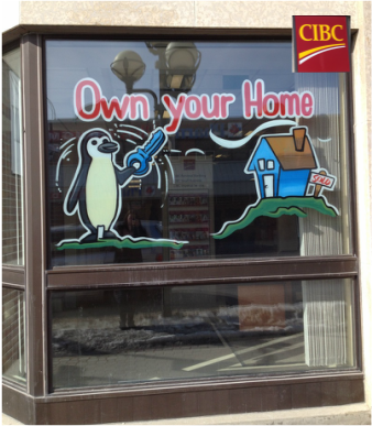 A window with a penguin holding a key and the words own your home