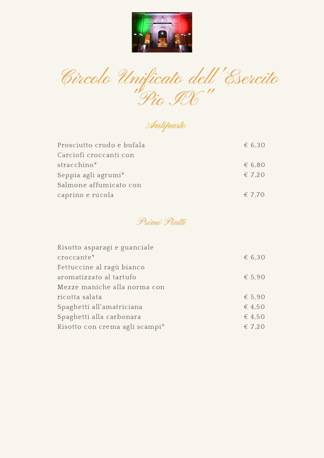Menù del “Circolo Unificato dell'Esercito Pio IX” con elenco dei piatti e prezzi.