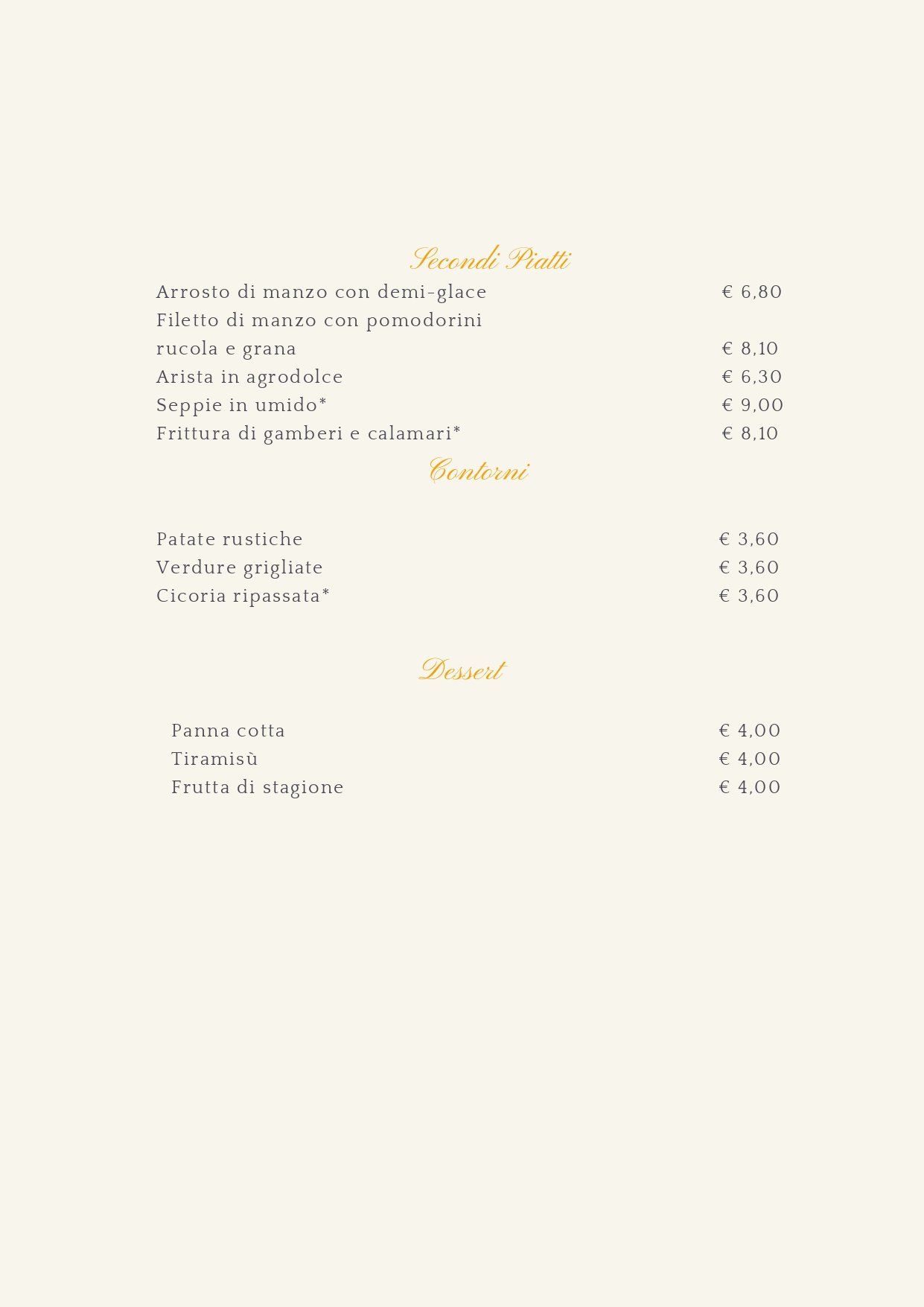 Menù con testo, organizzato per categoria: colazione, pranzo, cena.