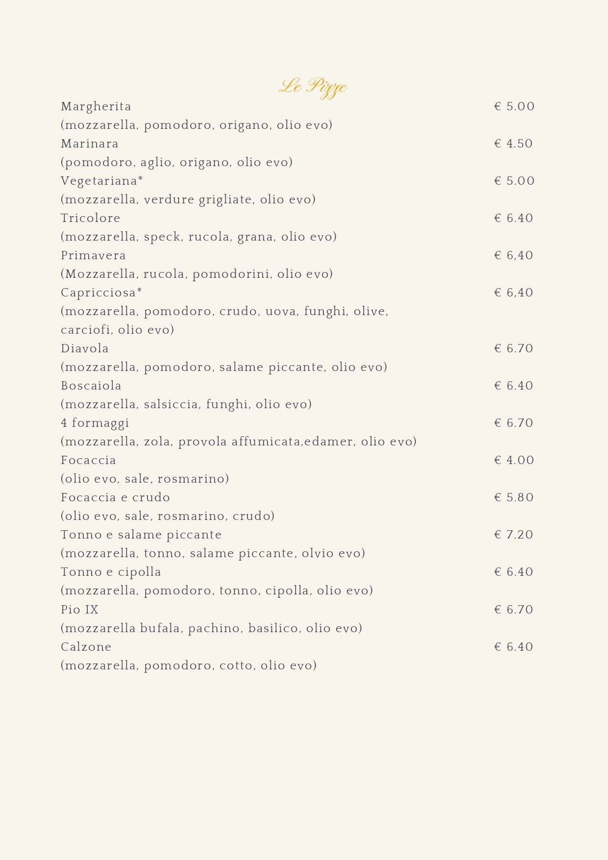 Menù con nomi e prezzi delle pizze su sfondo beige.