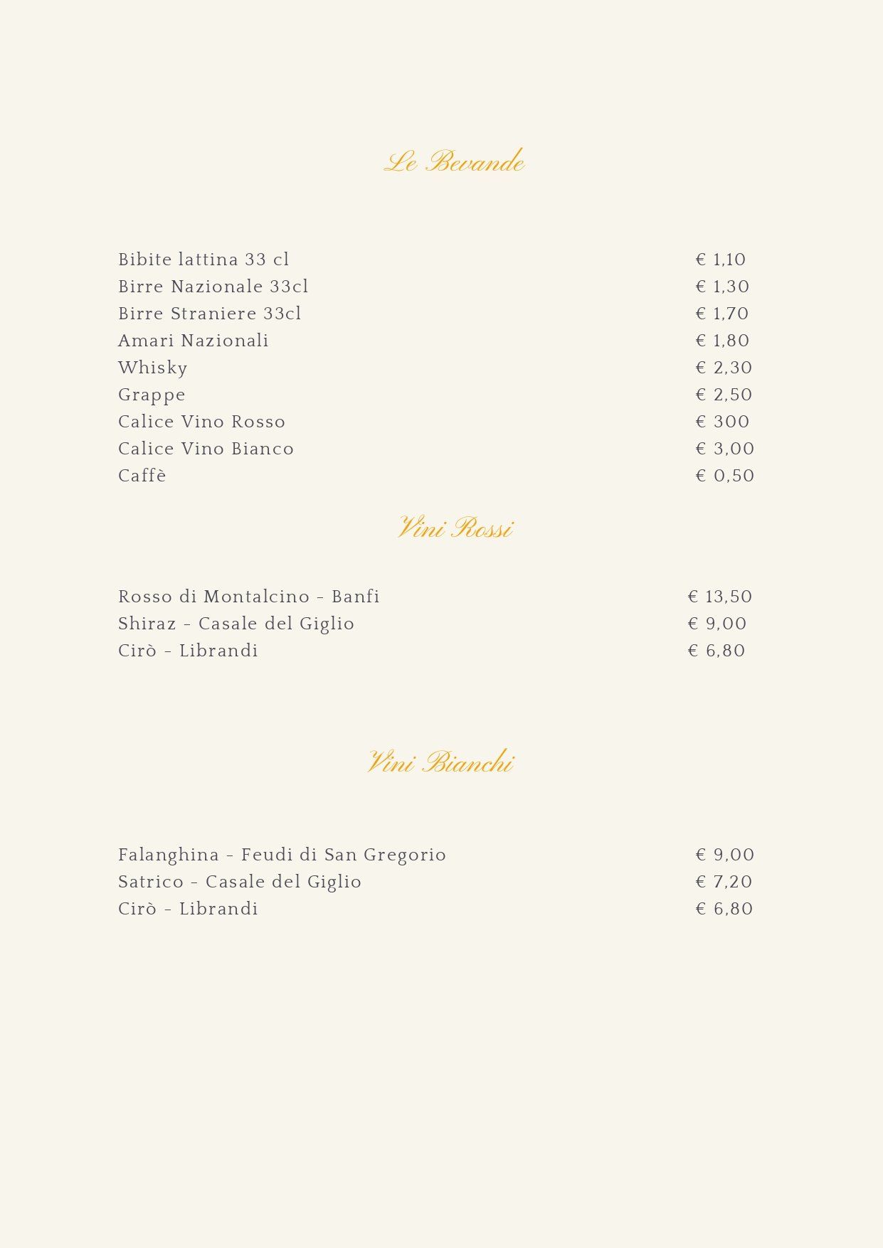 Menù con elenco dei piatti e dei prezzi.