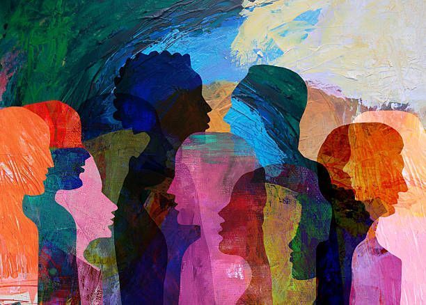 Silhouettes of diverse people, layered over colorful, abstract background.