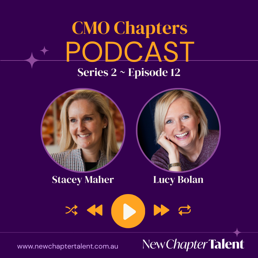 Podcast cover: Two smiling women, Stacey Maher and Lucy Bolan, on a purple background. Podcast title: CMO Chapters.