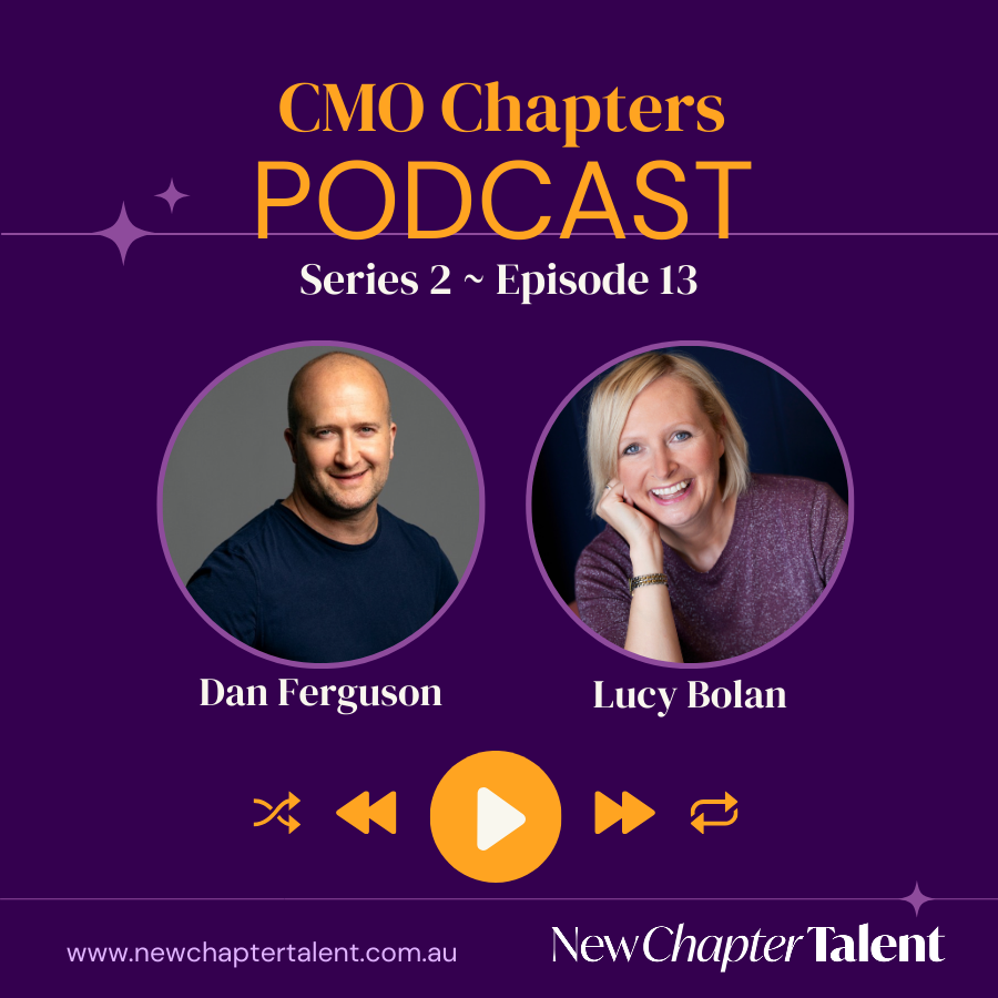 Podcast cover art: Dan Ferguson and Lucy Bolan. Purple background, gold accents. New Chapter Talent logo.