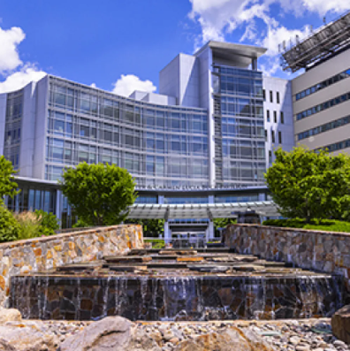 Modern hospital building with glass windows, fountain in front, and blue sky.