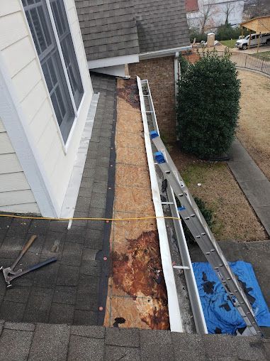 A ladder is sitting on the side of a house next to a gutter.