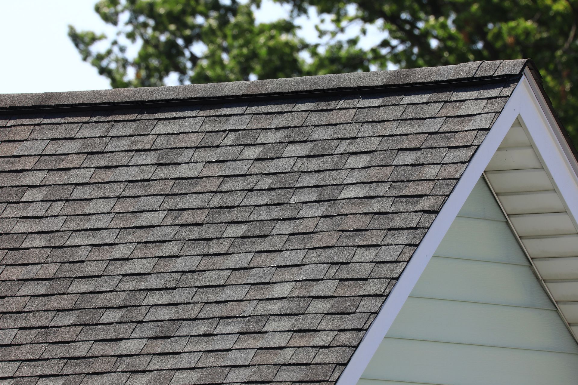 View of a freshly replaced asphalt shingle roof against sky and trees.