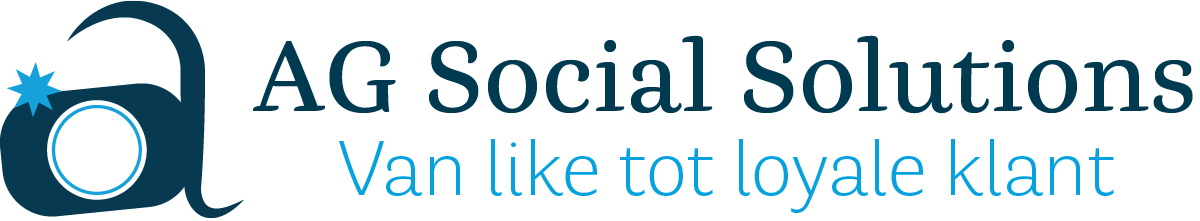 Logo van AG Social Solutions, met Beeldmerk en pay-off (Van like tot loyale klant)