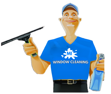 A man wearing a blue shirt that says window cleaning is holding a window cleaner and a spray bottle.