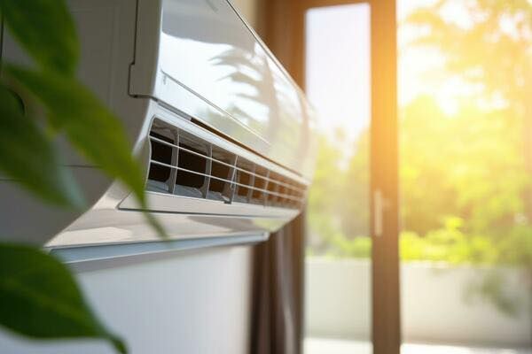 White Air Conditioning Unit, Blowing Cool Air Near a Window With Sunlight