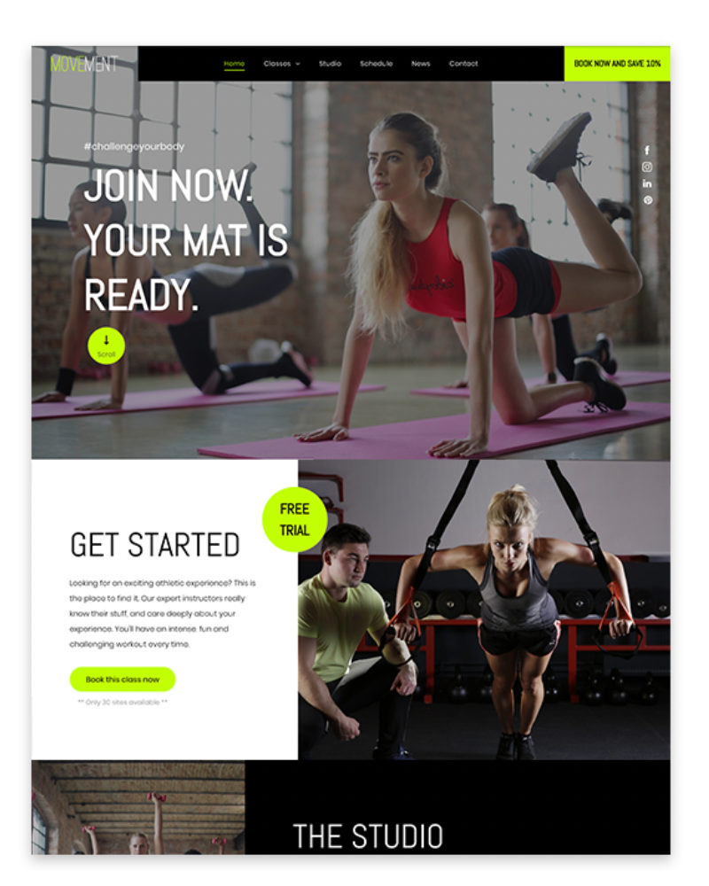 Eine Website zeigt eine Gruppe von Menschen, die auf Yogamatten trainieren