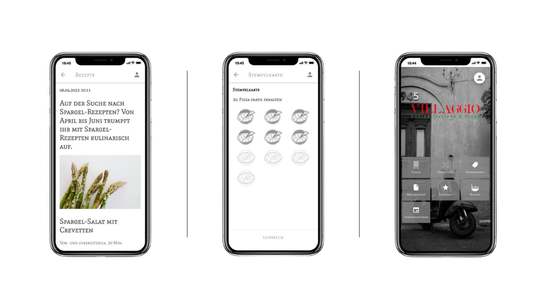 Drei Telefone mit unterschiedlichen Bildschirmen auf weißem Hintergrund.