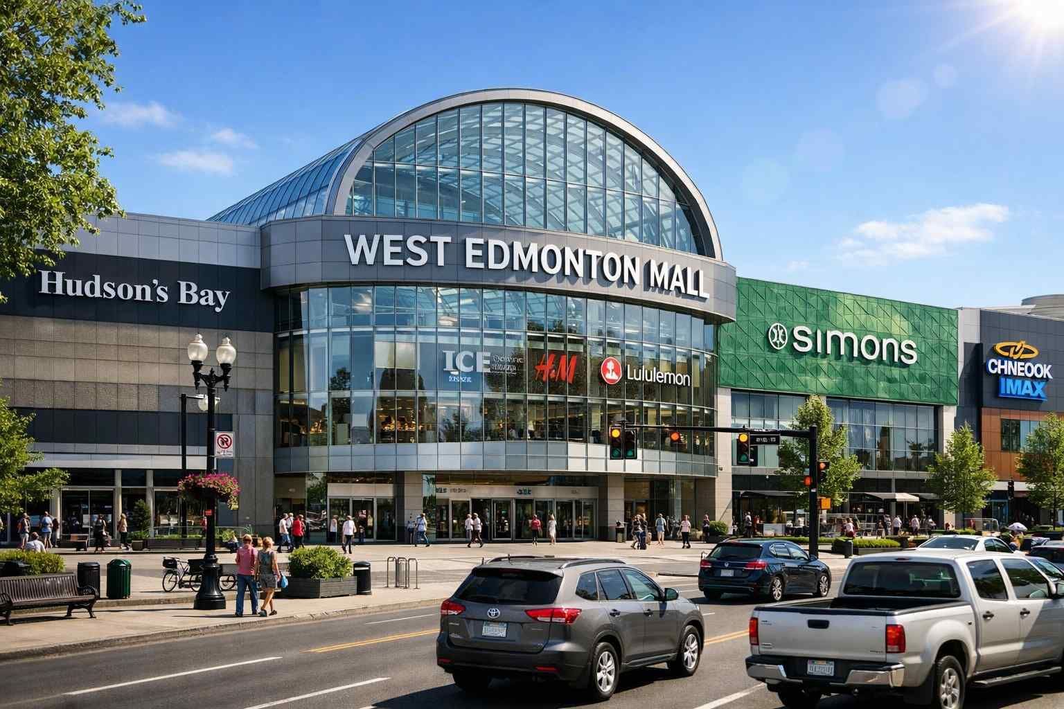 Exterior of West Edmonton Mall with a large glass arched entrance, surrounding retail signage, and street traffic.