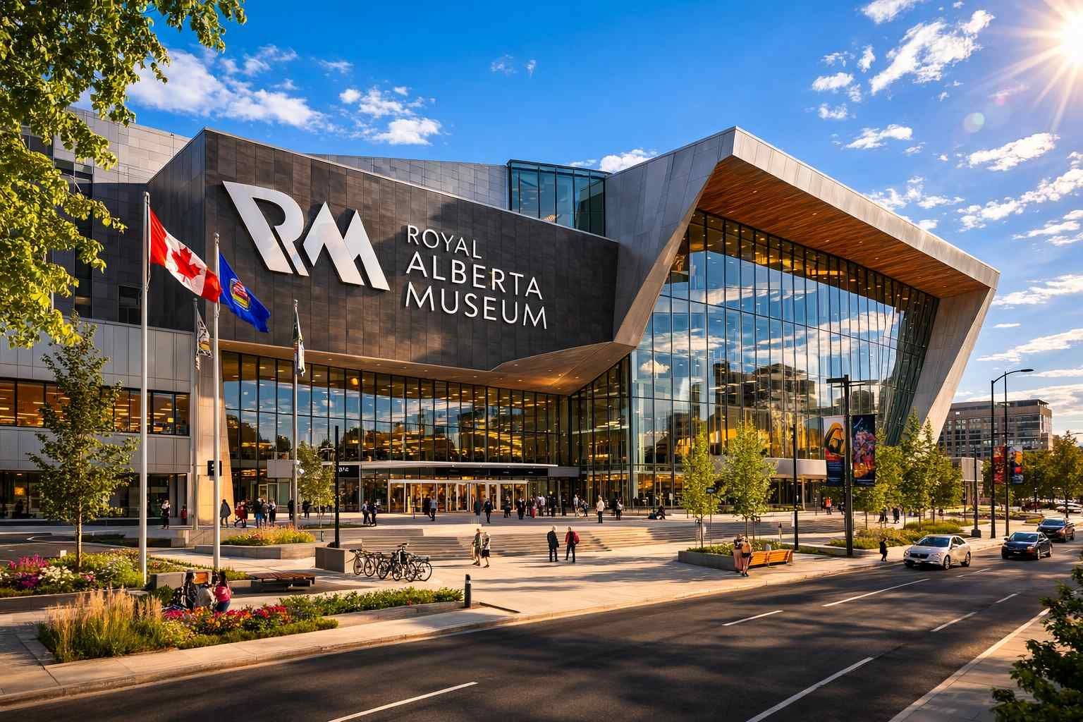 Modern Royal Alberta Museum building with stone walls, glass facade, and flags under a bright blue sky.