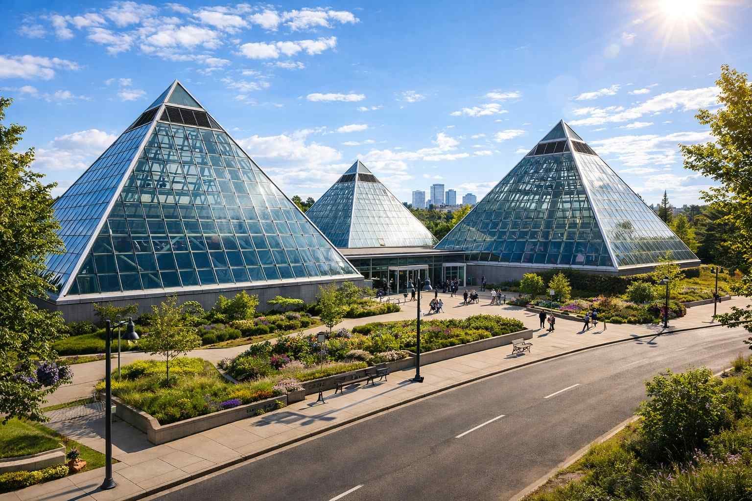 The Muttart Conservatory’s four iconic glass pyramids set in a landscaped park under a sunny blue sky.