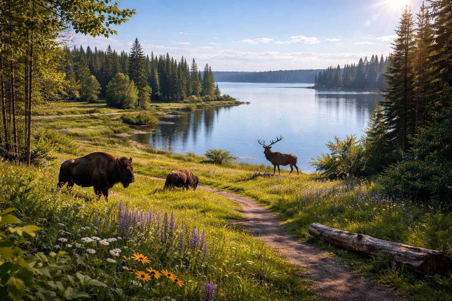 A bison stands on a grassy path by a lake, with an elk nearby and dense forest in the background under a sunny sky.