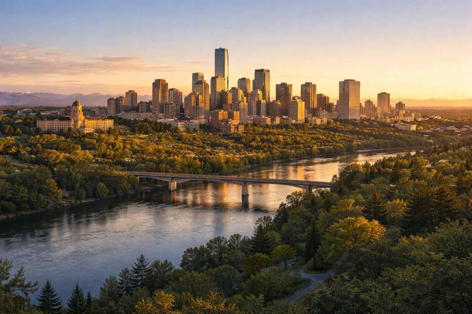 A golden-hour aerial view of the Calgary skyline, a river with a bridge, and surrounding green forest.