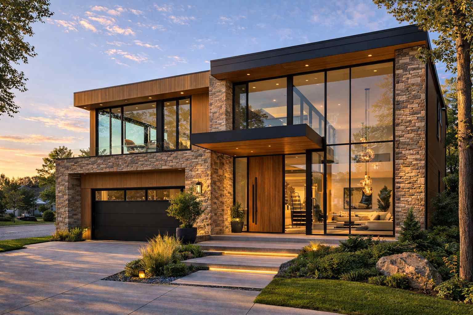 A modern house with wooden siding and a terrace overlooks a turquoise swimming pool and green lawn under a sunny sky.