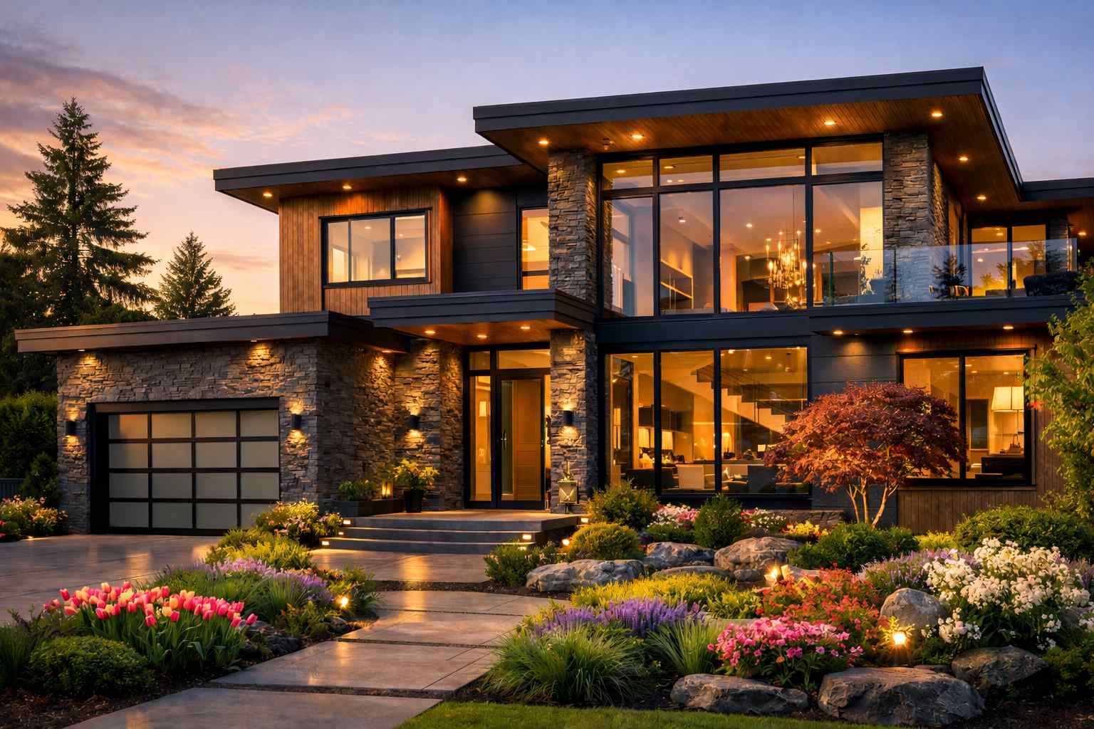 Modern house entrance with a wooden gate, large stone wall panels, and a landscaped flower bed with topiary and greenery.