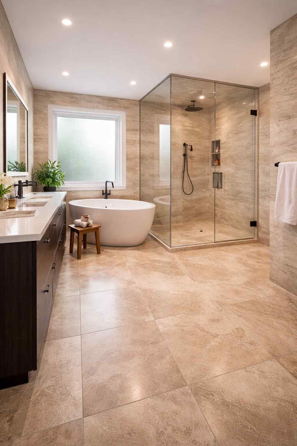 A bathroom with a blue ceiling, blue vanity, and a tub and shower area featuring blue mosaic tile accents.