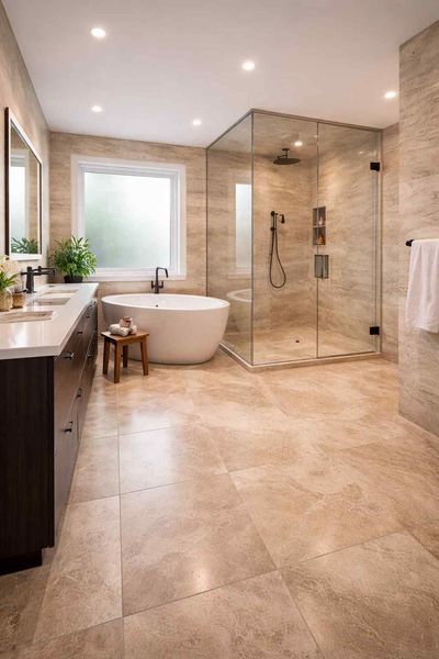 A bathroom with a blue ceiling, blue vanity, and a tub and shower area featuring blue mosaic tile accents.