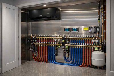 A worker wearing a blue hard hat and gloves uses a wrench on pipes connected to an orange expansion tank.