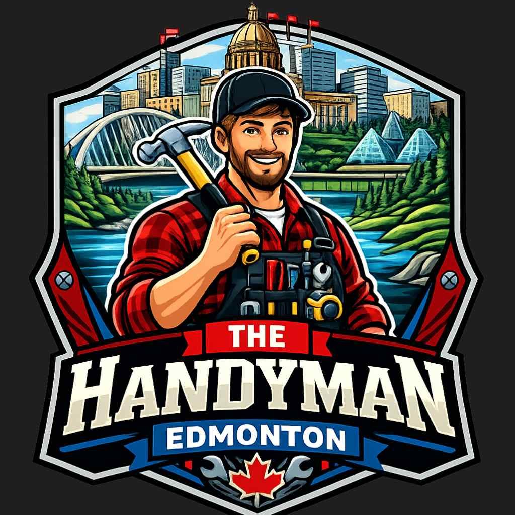 A smiling handyman in a blue uniform and cap, holding a hammer and toolbox, with 