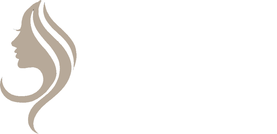 Silhouette of a woman's profile with flowing hair, in light brown against a white background.