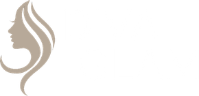 Silhouette of a woman's profile with flowing hair, in light brown against a white background.