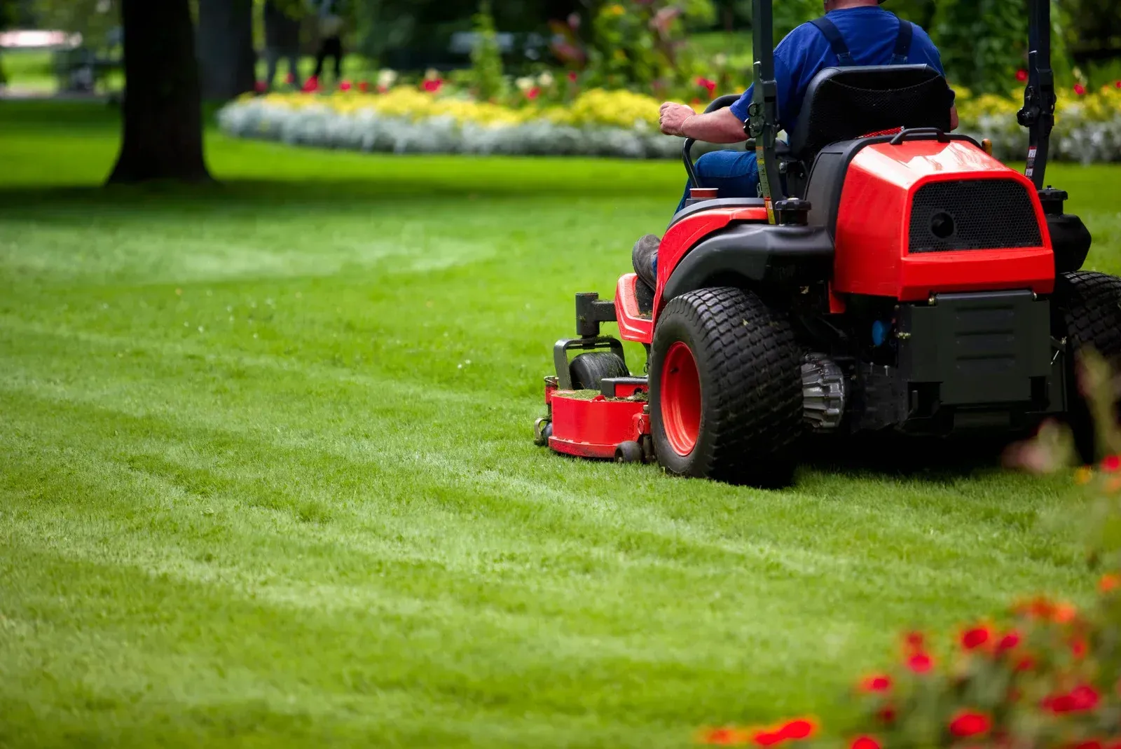 A man is riding a lawn mower on a lush green lawn.