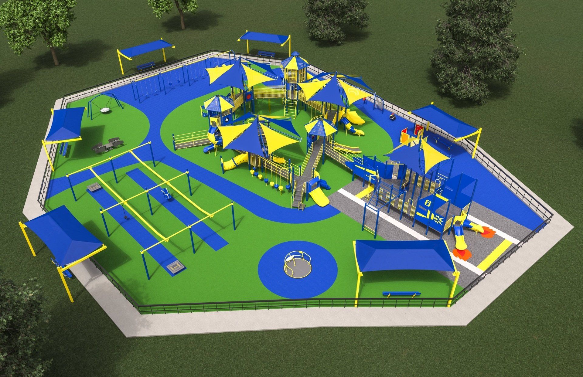 An aerial view of a playground with blue and yellow umbrellas