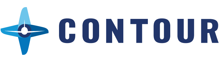 A blue and white logo for contour with a blue star in the middle.