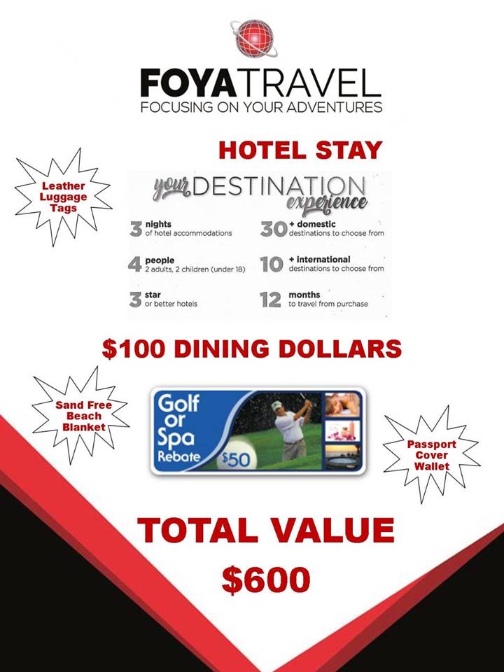A flyer for a hotel stay , golf or spa , and total value of $ 600.