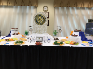 A table with a lot of food on it in a room