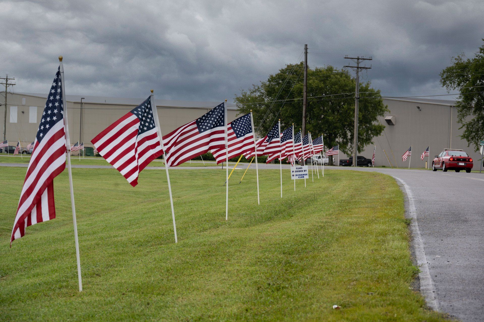 A row of american flags are lined up on the side of a road