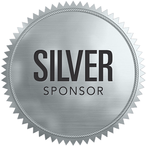 A silver sponsor badge with a rope around it