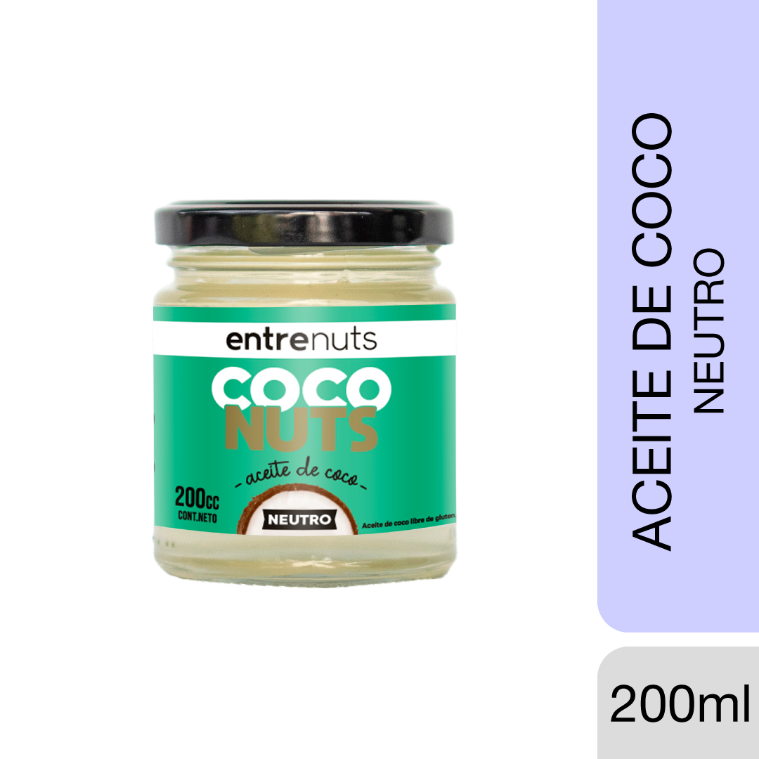 Tarro de aceite de coco “entrenuts”, con etiqueta verde, tapa negra y capacidad de 200ml.