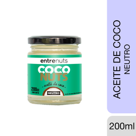 Tarro de aceite de coco “entrenuts”, con etiqueta verde, tapa negra y capacidad de 200ml.