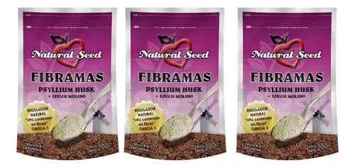 Tres paquetes morados "Fibramas" de cáscara de psyllium y semillas de lino.