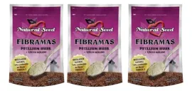 Tres paquetes morados "Fibramas" de cáscara de psyllium y semillas de lino.