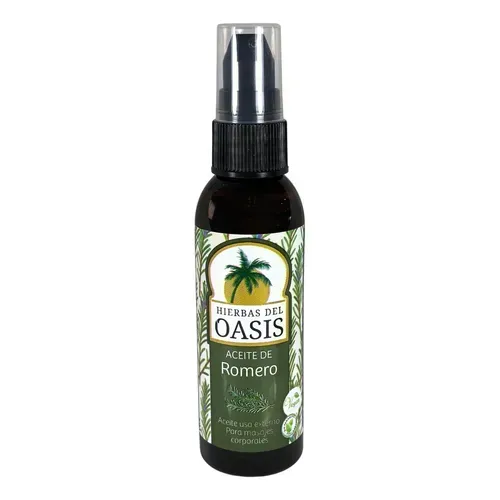 Botella de aceite de romero “Hierbas del Oasis” con dosificador.