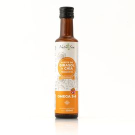 Botella de aceite de girasol y chía con etiqueta naranja y blanca, Omega 3-6, sobre fondo blanco.