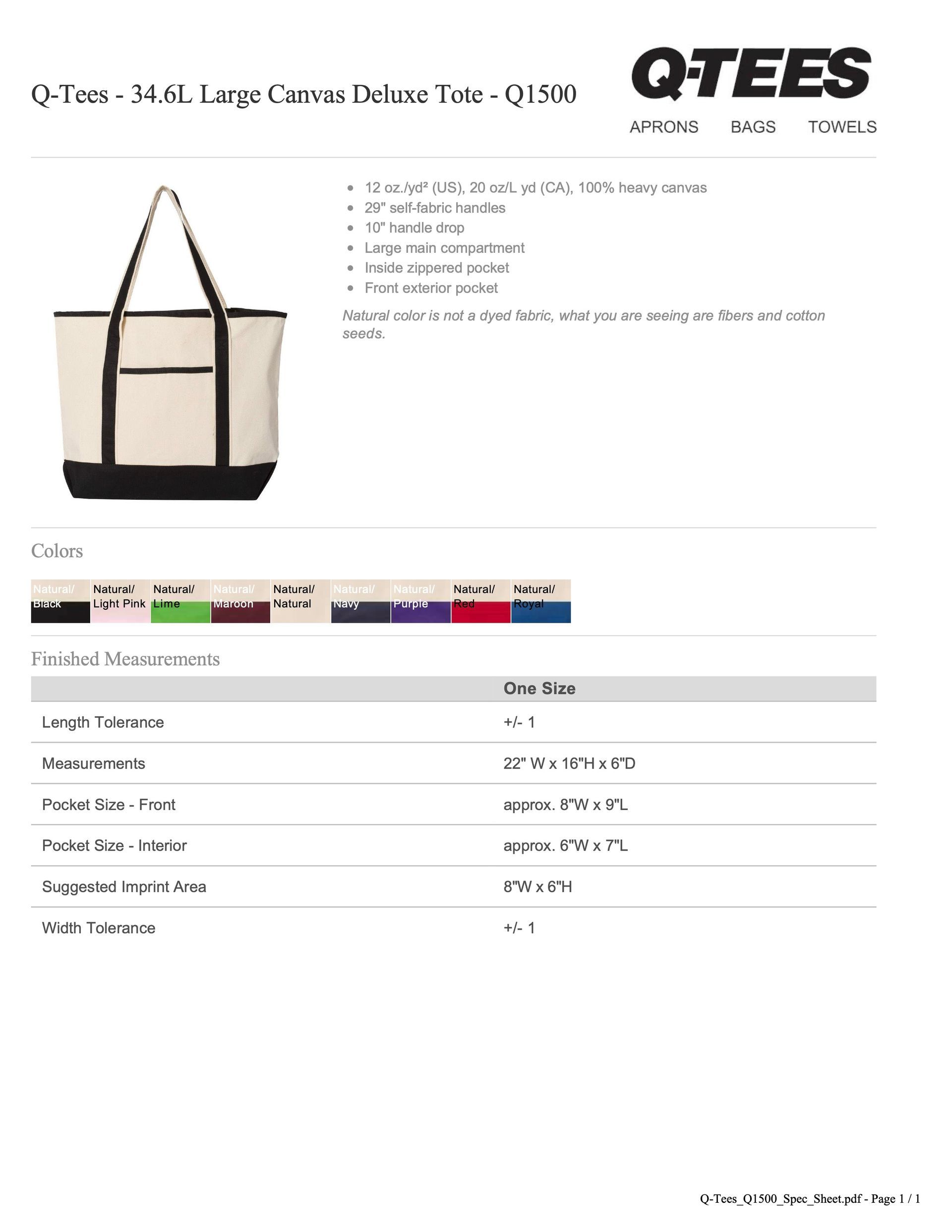 Q1500 Q-Tees 34.6L Large Canvas Deluxe Tote