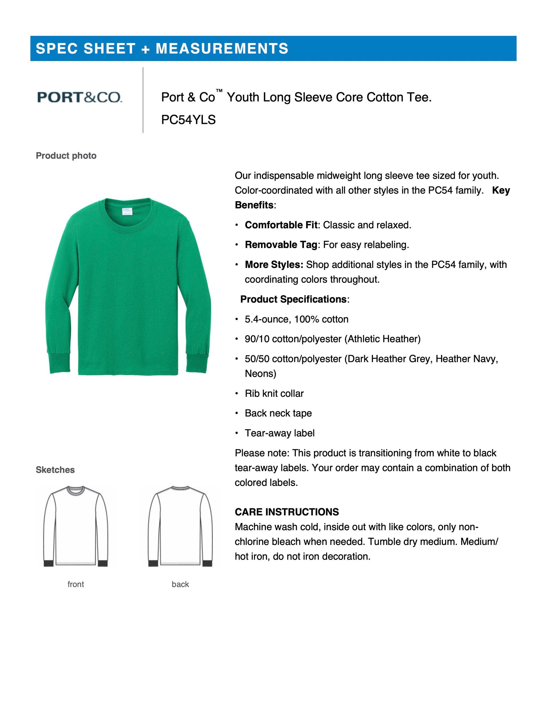 Fortress PC54YLS Port & Company(R) Youth Long Sleeve Core Cotton Tee