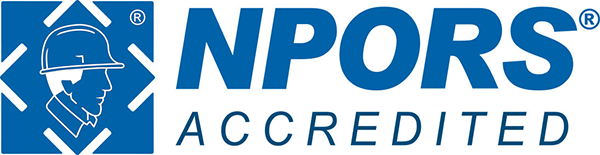 A blue and white logo for npors accredited