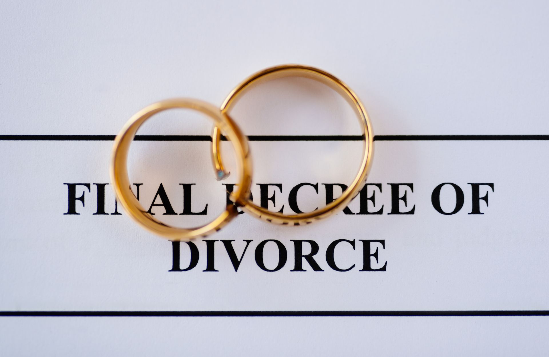 Two gold wedding rings on top of a “Final Decree of Divorce” document.