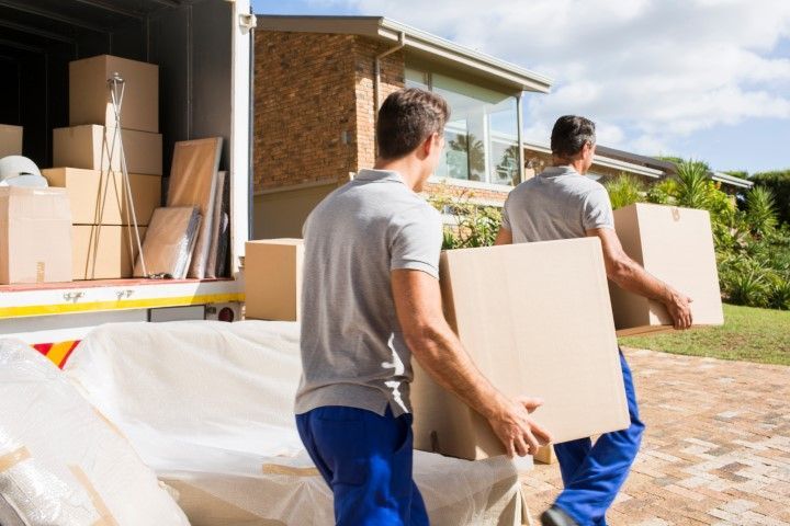 Two movers carrying cardboard boxes into a house from a moving truck