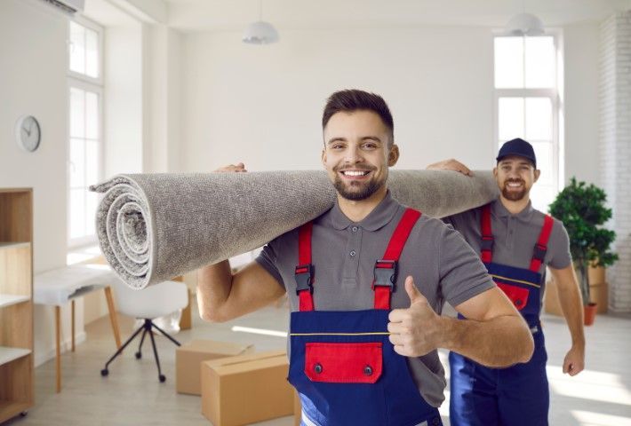 Two movers in red overalls carrying a rolled carpet in a bright living room