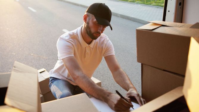 Man packing cardboard boxes in a sunlit room, writing on a box lid while seated on the floor.